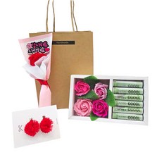 [란플라워] 미니용돈박스 카네이션 브로치 꽃다발 세트, 1개, 미니용돈box set 화이트박스+핑크장미