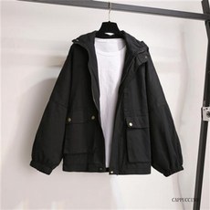 Yellwell 남녀공용 봄가을 후드 바람막이 점퍼 캐주얼 공기막이 재킷 심플 솔리드 컬러 작업복 스타일 경량 아우터 DJP