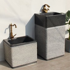 原石洗手台庭院陽台洗手檯 藝術立柱盆石頭洗臉盆 衛生間庭院石材一體大理石落地室外水槽, 芝麻黑拉絲立柱盆（不含配件）