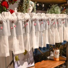 嚴選好物 「短簾」 美式田園廚房 免打孔 短簾小窗戶半截 紗簾 櫃子遮擋 半簾 門簾 裝飾簾頭, 白條紋平邊紅,平鋪100*高40釐米穿桿款一片