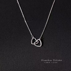 曉同款 雙心鎖骨鏈 雙環愛心相扣 頸鏈 小眾設計感 女, 愛心相扣項鏈-鋼色, 1個