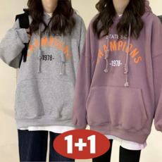 오스틱니 100kg까지 빅사이즈 [1+1] 여성용 봄가을 슬림핏 심플 프린트 외출용 후드티 간절기