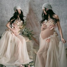 블랙 만삭 촬영 베이지 반목 화보 셀프 사진 임부복, 에메랄드그린 랩드레스 베일 포함