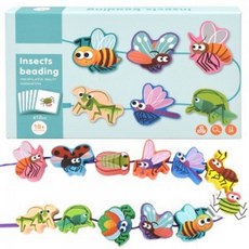 에이치플러스몰 오즈토이 원목 목제 블록 실꿰기 교구 곤충 wd2136d 곤충블록실꿰기 목제블록실꿰기