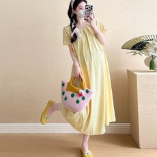 시원한 소재 자연스럽게 흩날리는 플리츠 원피스 임산부 여성스러운 체형커버 반팔 여름