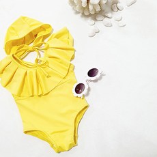 女童荷葉邊領連身泳衣帽子套裝