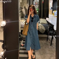 牛仔連衣裙女夏季2025新款復古短袖中長款收腰遮肉氣質襯衫長裙子, 圖片色【沒有腰帶】,XL【寬鬆顯瘦】