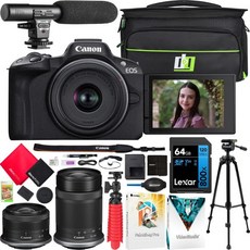 캐논 EOS R50 미러리스 카메라 본체와 렌즈 세트 RF-S 18-45mm STM 및 55-210mm 5811C022 (리퍼브) 번들 디코 기어 사진 가방 + 마이크로폰 삼각