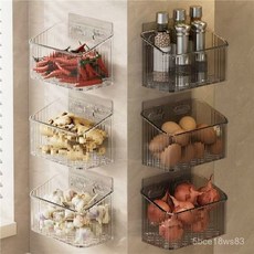 [台灣出貨] 熱銷爆款 廚房透明薑蒜收納盒掛壁免打孔家用墻上多層衛生間麵膜收納壁掛籃, 條紋款白色（4個裝）+4長貼,廚房/衛生間/多場景/壁掛籃, 1個