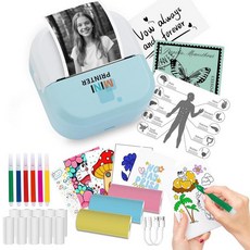 스티커 프린터 - 블루투스 잉크 없는 감열식 및 메이커 아이폰/안드로이드용 무선 휴대용 프린트 포드 DIY 라벨 메모 어린이 공예 저널용 종이 13롤 포함 블루, Blue