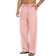 COOFANDY 남성용 리넨 바지 신축성 있는 허리 리넨 바지 드로스트링 여름 해변 바지 A- 핑크 L 164189