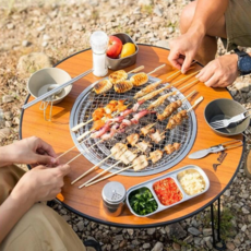 원형 접이식 캠핑 바베큐 화로 테이블 세트+ 수납가방, 우드
