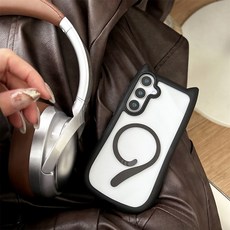 귀여운 고양이 귀 맥세이프 케이스 갤럭시 S25 울트라 S24 S23 플러스 투명 PC TPU 마그네틱 커버 무선 충전, For Samsung S25Ultra, Black