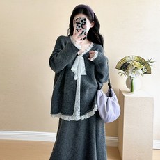 임산부 투피스 세트 캐주얼 봄 가을 임부복 기질 임부 상하 투피스 세트 루즈핏 기질 니트 + 하이웨이스트 롱 치마 상하의 세트 CY