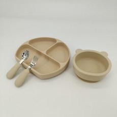 嬰兒餐具套裝硅膠一體式分格餐盤兒童小熊吸盤碗寶寶叉勺輔食, 1個, HBK3米白+叉勺的PP盒:無規格