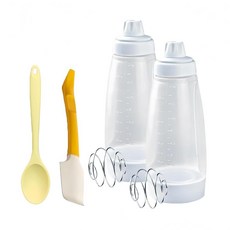 Uvbws 누출 방지 2-in-1 팬케이크 배터리 디스펜서 거품기 볼이 있는 믹서 및 실리콘 주걱과 스푼 포함 팬케이크 와플 베이킹용 잡기 쉬운 스퀴즈 병 2팩, Uvbws 누출 방지 2-in-1 팬케이크 배터리 디스