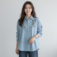 지디오 여성 플라워 자수 데님 셔츠 봄 가을 데일리 포인트 청남방 오피스 캐주얼