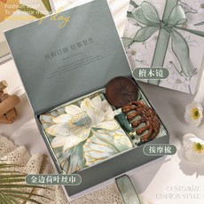 母親節禮物推薦：送長輩時尚絲巾禮盒，實用生日禮品，媽媽婆婆最愛, 金邊荷葉絲巾+按摩梳+檀木鏡+禮盒, 1個