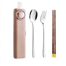 JWJJ 304不鏽鋼便攜餐具組, 木筷不鏽鋼叉勺3件套棕色, 1套, 餐具