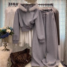 加絨衛衣套裝女 韓系毛領連帽拉鏈外套闊腿褲兩件套 臺灣出貨