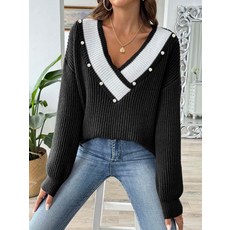 珍珠釘珠上衣 撞色拼接 大V領 寬鬆機織毛衫套頭毛衣