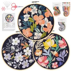 Santune 성인용 자수 키트 3팩 십자수 키트 새 패턴 3가지 설명서(한글이 아닐 수 있음) 후프 1개 실 및 바늘 6개 여성용 핸드 니들 포인트 세트, 꽃잎 패턴