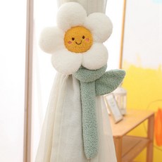 커튼 타이백 스마일 데이지 니트 원단 인형 스트랩 러블리 플라워 한 쌍의 버클 침대 수납 장식 액세서리, 화이트옐로우 2p