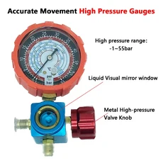 시각 거울이 있는 에어컨 게이지 냉매 하이 및 로우 매니폴드 게이지 R410A R22 R134a R404A 500psi 800psi, 01 HIGH metal knob, 1개