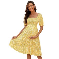 [ 1173551 ] 뷰티니 꽃무늬 프린트 임산부 드레스 짧은 퍼프 소매 스퀘어 넥 러플 밑단 캐주얼 스윙 드레스 옐로우