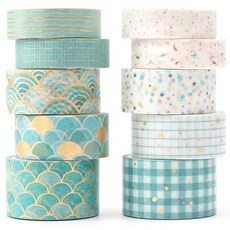 YUBX 와시 테이프 세트 10롤 금박 프린트 장식 마스킹 DIY 공예 저널 플래너 스크랩북 랩핑 귀엽고 달콤한, Blue Melody