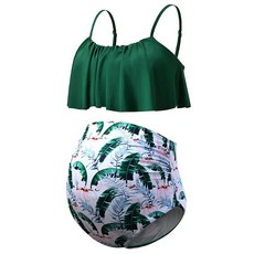 DEBELLY 임산부 비키니 세트 투피스 수영복 러플 여성용 수영복 하이 웨이스트 빈티지 임산부 수영복 블랙 화이트 꽃무늬 S, Small, 그린 리프