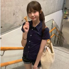 투니스 여성 레트로 도트 패턴 반소매 칼라 셔츠