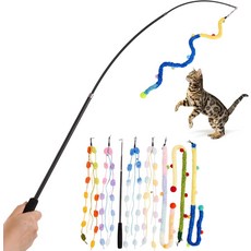 패트포인트 고양이 지팡이 장난감 벨 & 스트링이 있는 8Pcs 접이식 플러시 Srtip 티저 실내 고양이를 위한 긴 인터랙티브 운동하기, 7pcs&1pole