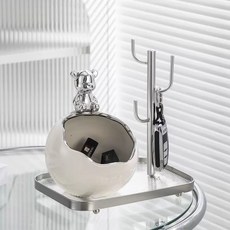 台東出貨 玄關鑰匙收納 桌面擺件 禮品 現代ins風創意門口鑰匙收納神器 輕奢玄關入戶鞋櫃擺件置物架創意, 長方銀置物架+白-小熊收納, 1個