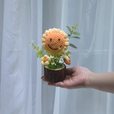 向日葵鈴蘭花小盆栽手工編織仿真花毛線花汽桌面擺件成品伴手禮物, 127盆栽笑臉向日葵, 1個