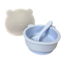 兒童矽膠吸盤碗與湯匙餐具3件組 (副食品適用), 夕霧藍, 矽膠吸盤碗、矽膠密封碗蓋、矽膠湯匙