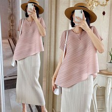 AOUGK 여성 주름 반팔 티셔츠 롱스커트 상하세트 캐주얼 플리츠 세트 여름 투피스 롱티 + 스커트
