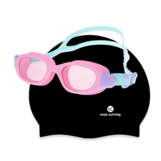 킵스위밍 초등 유아동 주니어 생존수영 수경+수모 세트, 수경:핑크+수모:블랙, 1개