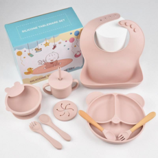 이유식기 실리콘 올인원 유아동식기 세트, 1세트, 9종, 핑크아이보리
