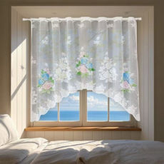 MorningSea 컨템포러리 미국식 캐주얼 플라워 모란 프린트 작은창 가리개 커튼 레이스 아치형 서재 주방 거실 커튼