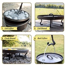 LODGE 美國原裝四合一鑄鐵鍋多用途工具，鍋蓋提把/鍋蓋架/烹煮架，露營家用皆可，適用全部鍋具, 1個, 黑色