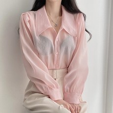 나인클로젯 싱글 브레스트 시스루 퍼프 소매 루즈핏 셔츠 블라우스 봄 가을 여름 빅카라 오피스룩 하객룩