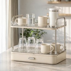 클릭GOOD 싱크대 2단 선반 서랍형 물컵 식기건조대, 크림, 1개