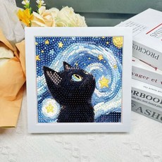 【DIY】鑽石貼畫 點鑽畫 梵高星空星月夜 擺臺臥室客廳手工滿鑽鑽石畫, 1個, 梵高【星空貓咪3】,鑽包+工具包+塑料相框