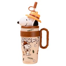 StarR 스누피 피규어 휴대용 손잡이 빨대 텀블러, 1개, 800ml, 다크브라운