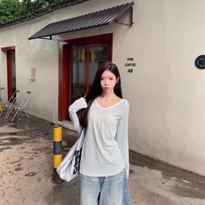 Yellwel 달콤한 스타일 줄무늬 V넥 여름용 여성 상의 DJP