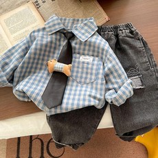 아동 체크 셔츠 데님 팬츠 세트 봄 가을 남아용 투피스 스타일