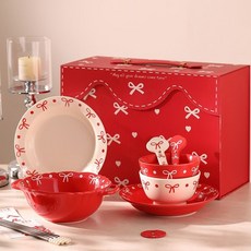 餐具禮盒組 碗勺盤 陶瓷餐具套裝 喬遷結婚禮物, 1個, 蝴蝶結餐具2人食禮盒裝