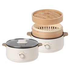 [독일브랜드] 대나무 찜기 멀티쿠커 스티머 전기냄비 전기찜기 라면포트 2단 찜판 찜통 보온 다용도 친환경 다이얼 플레이팅 만두 계란 야채 홈파티, 대나무 찜기 & 멀티쿠커
