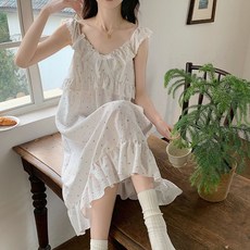 NEWJGHFL 중년여성 여름 민소매 원피스 잠옷 레이스 프릴 잠옷 브라캡 내장 롱원피스 홈웨어